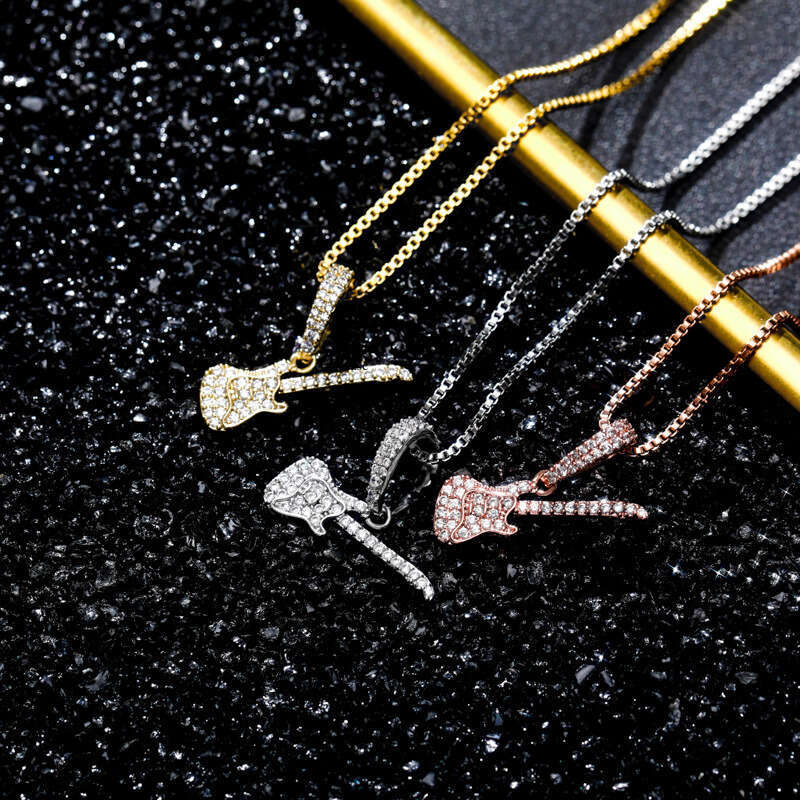 Sier Guitar Moissanite chain Hip Hop Pendant Necklace HIP HOP Trendy Jewelry