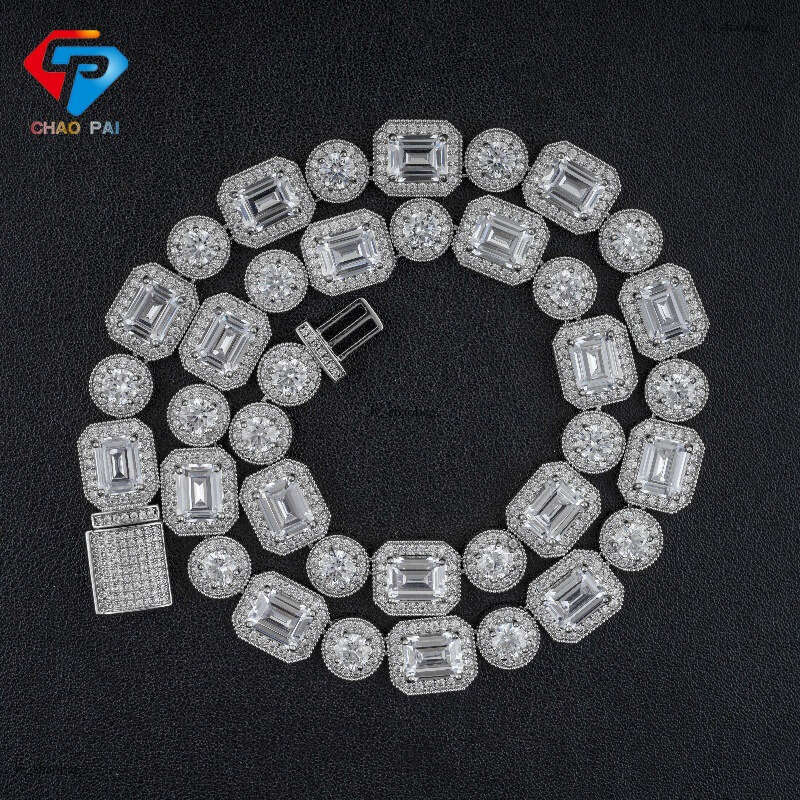 New 12mm Square Round Sterling Silver Moissanite chain Ice Sugar Chain Hip Hop Personality Trendy Men's Necklace