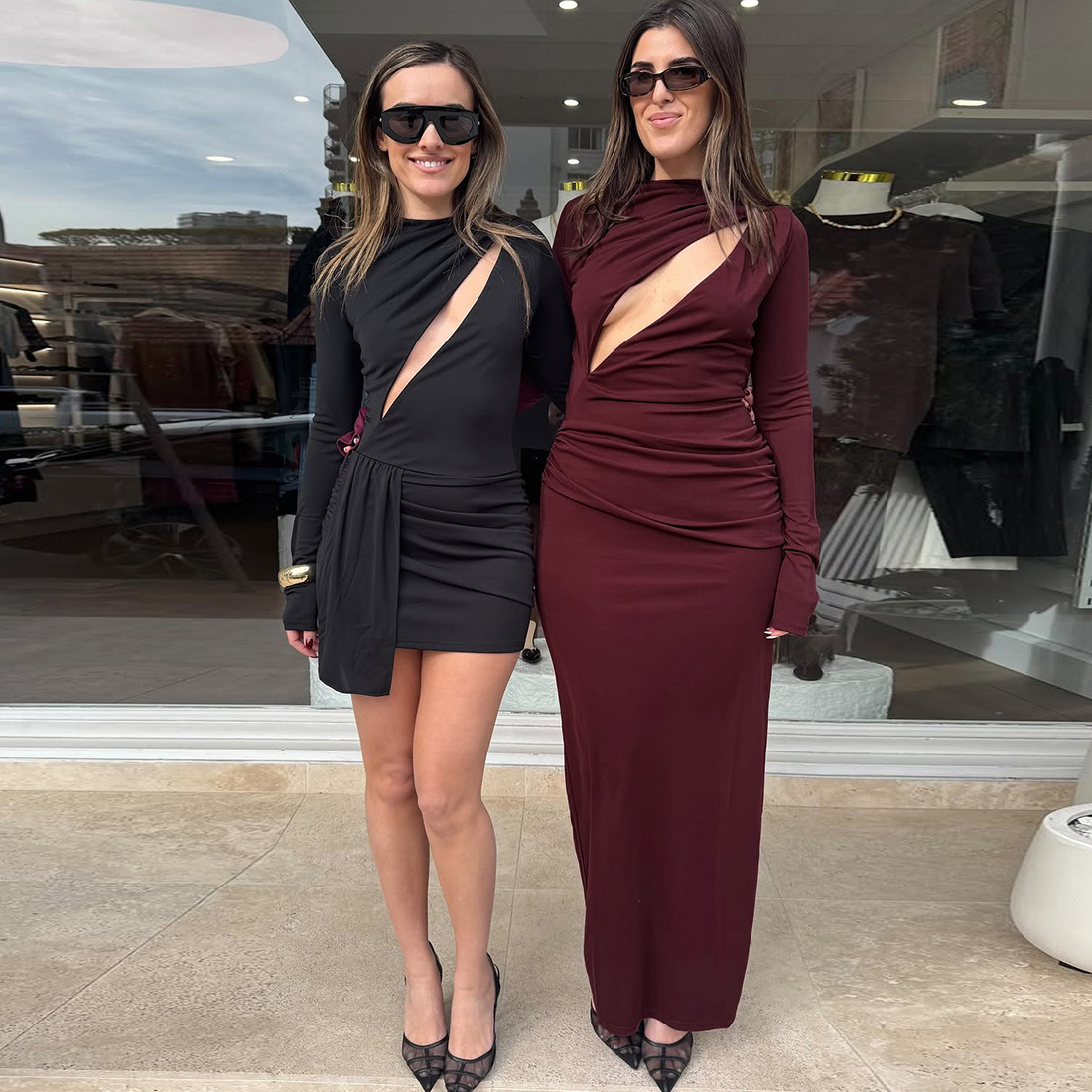 2025 Autumn New Womens Solid Color Sexy Slim Long Dress Ruched Bodycon Long Sleeve Dress