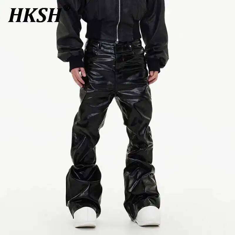 HKSH Spring Autumn Men's Tide Coated Denim Pants Dark Fashion Chic Punk Flared Jeans Loose Wide Leg Glossy Straight Niche HK3559