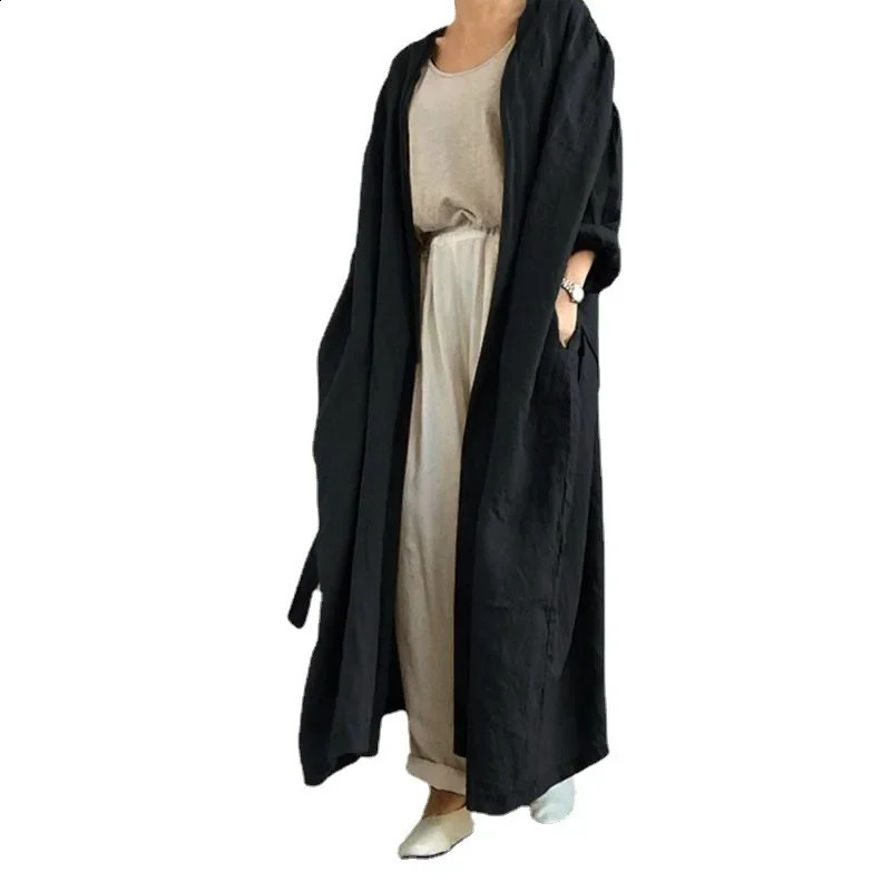 Ankle Length Trench Long Sleeve V Neck Open Stitch Outerwear Solid Loose Fit Cardigan Jackets Sashes Basics Pockets 250809