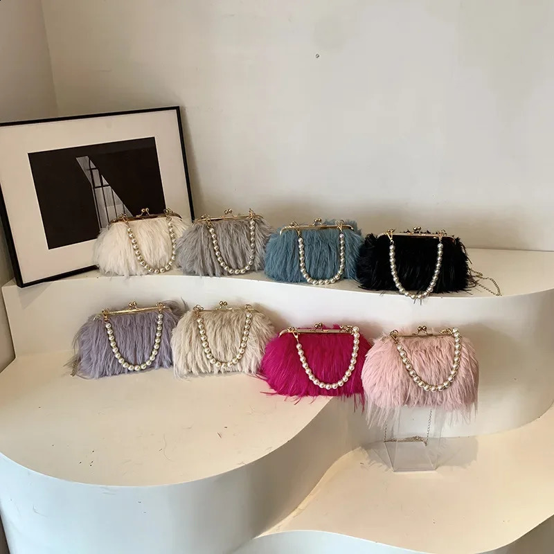 Faux Fur Evening Bag For Women Winter Fluffy Plush Shoulder Crossbody Bag Lady Shell Handbag Clutch Bag 250809