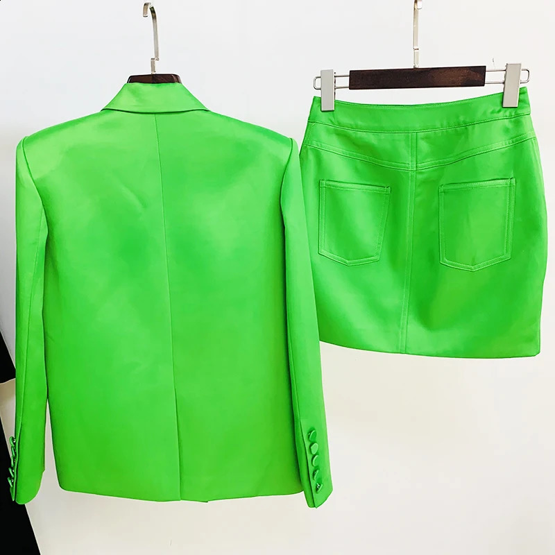 HIGH STREET est Fashion 2025 Runway Suit Set Womens Double Breasted Straght Satin Blazer Mini Skirt Set 250808