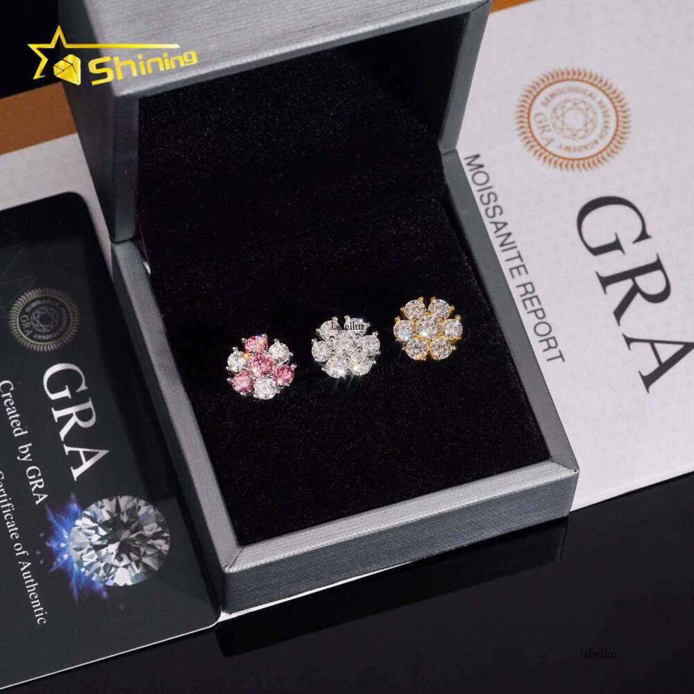 High Quality Hip Hop Pink Screw Back Sier Cluster Flower Men's VVS Moissanite Earrings