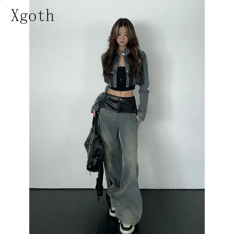 Womens Sets Leather Spliced Denim Turndown Collar Raw Edge JacketWide Leg Jeans Sweet Cool Spicy s Two-Piece Lady Clothing 250808