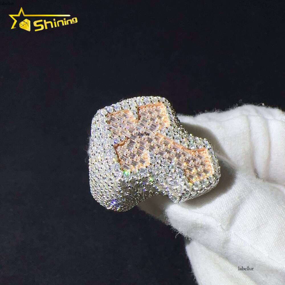 Sterling Silver VVS Cubic Zirconia Iced Out Lab Hip Hop Jewelry Cross Ring
