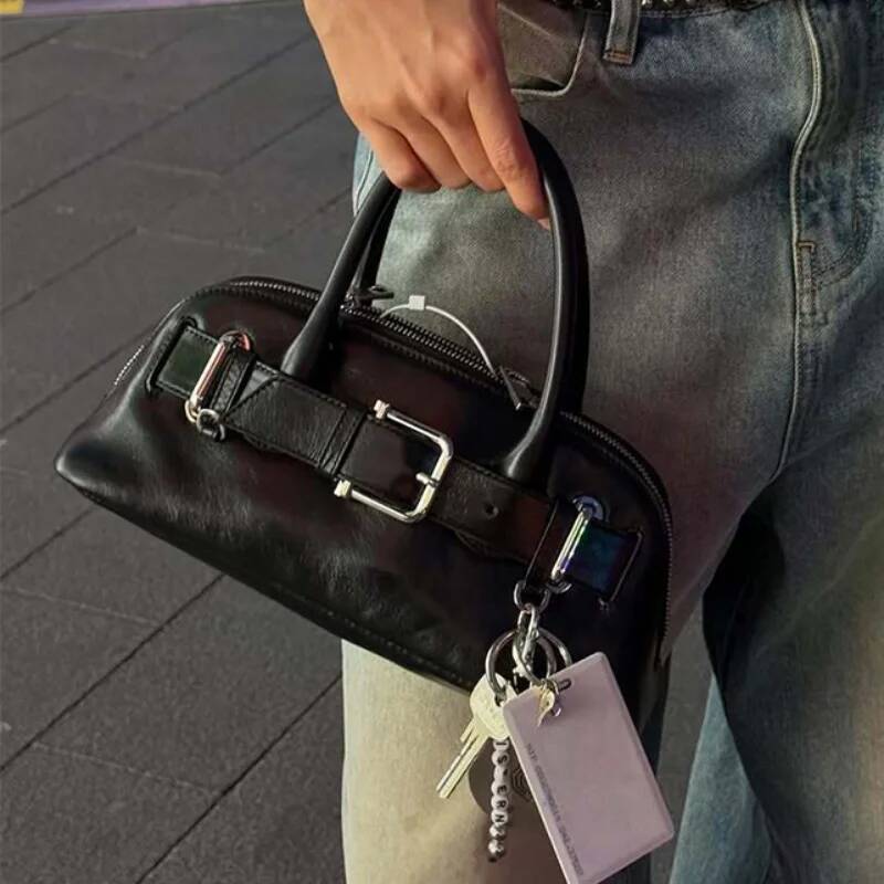 Brand Design Belt Buckle Half Moon Fashion Leather Handbag Key Shell Long Shoulder Strap Crossbody Bag Y2k Motorcyclebag