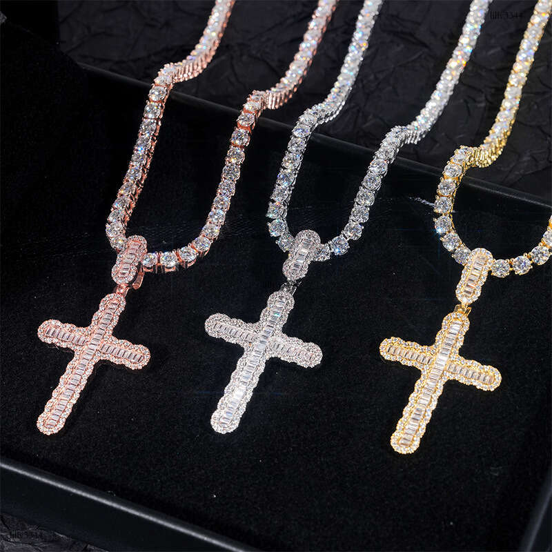 Straight Cross Pendant Sterling Silver Inlaid with Full Dia Moissanite chain Trendy HIPHOP Jewelry