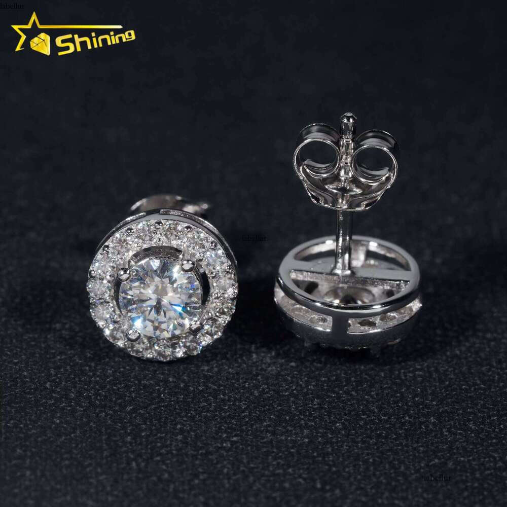Hip Hop Jewelry Pass Tester Sterling Sier Round Halo VVS Dia Moissanite Stud Earrings