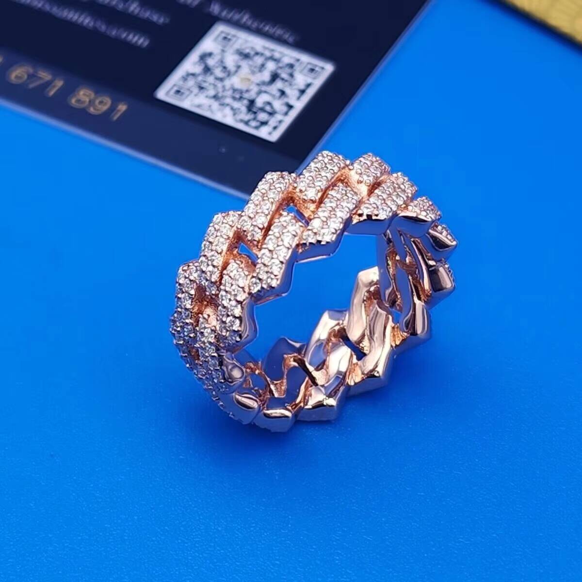 Iced Out Hip Hop Cuban Link Ring 925 Sterling Silver VVS Moissanite Diamond Cuban Band Ring for Men