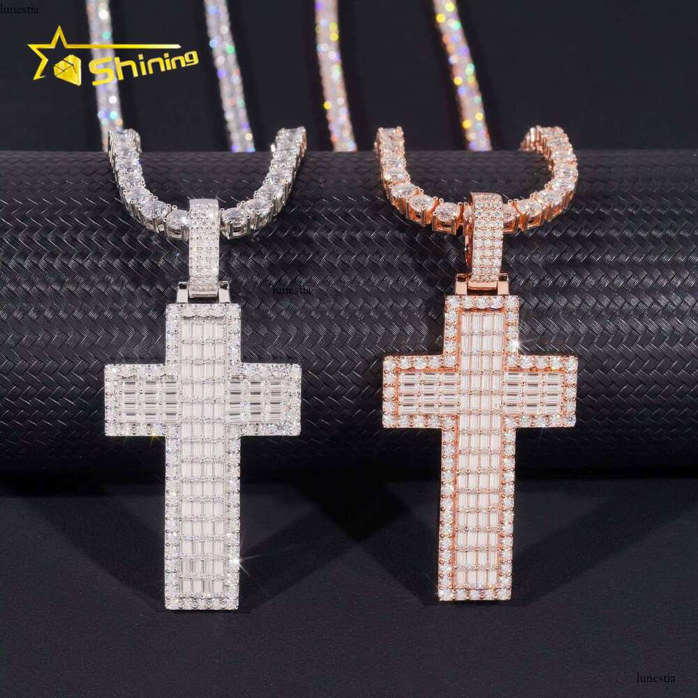 New Baguette Cross Pendant Sterling Sier Gold Plated Pass Dia Tester GRA Moissanite Charms Necklace