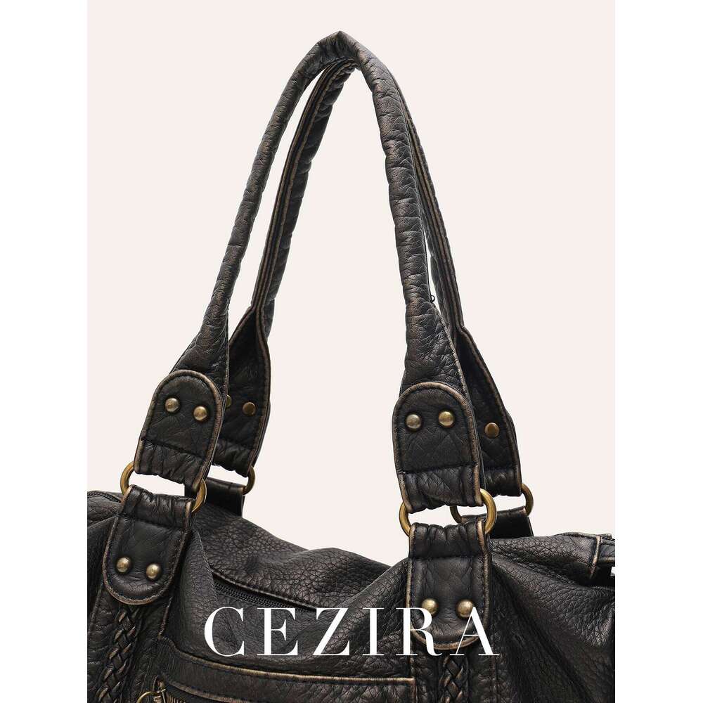 Vintage Washed PU Leather Large Capacity Tote Zip Pockets Braid Decor Shoulder Cross body Bag Unisex Women Daily Travel Handbag