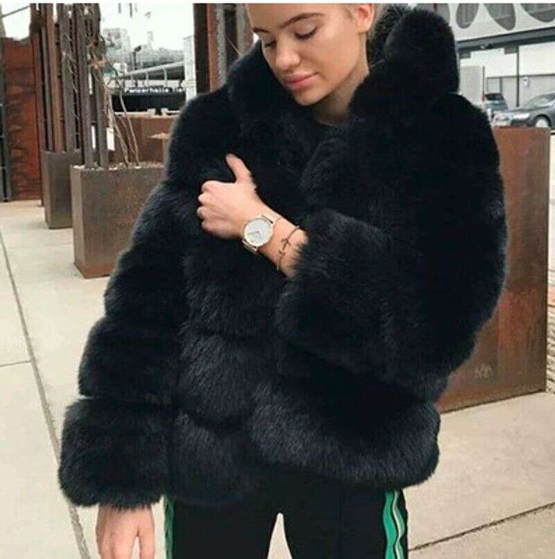 Women's thick warm long sleeve hat imitation rabbit fur coat