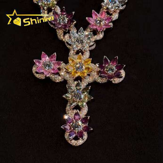 High End Jewelry Manufacturer Moissanite Flower 3D Design Rose Gold Custom Cross Pendant Necklace