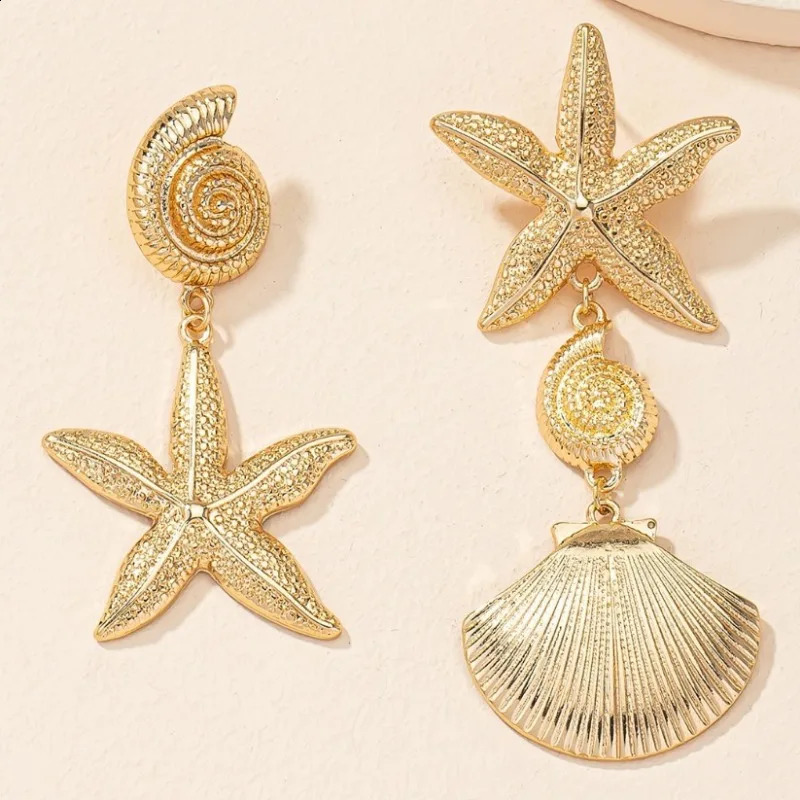 Personalized beach style Ear studs retro exaggerated golden scallop earrings versatile creative seashell and starfish jewelry 250807