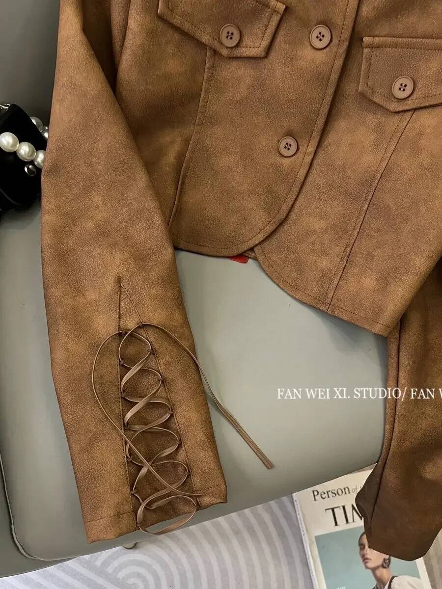 Gkyocq Korean Chic Women Coats Retro Brown Stand Collar Long Sleeve Lace Up Slim Short Jacket Pu Leather Female Tops Clothes