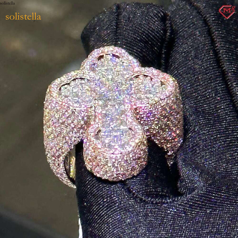 Men's Rap Singer Hip Hop Cross Pure Silver French Stick VVS Sandstone Ring