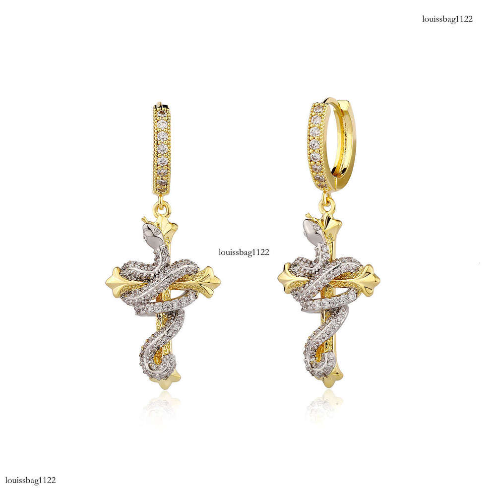 Year of the Carved Two-tone Cross Full Zircon Domineering Snake Unisex Non-fading Earrings