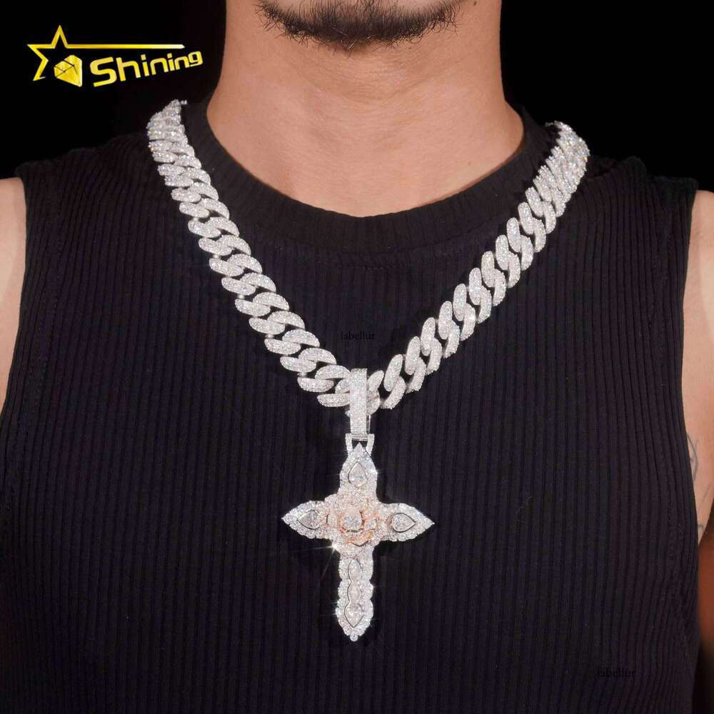 Solid Heavy Duty Two-Tone VVS Hip-Hop Sier Iced Out 3D Moissanite Cross Pendant