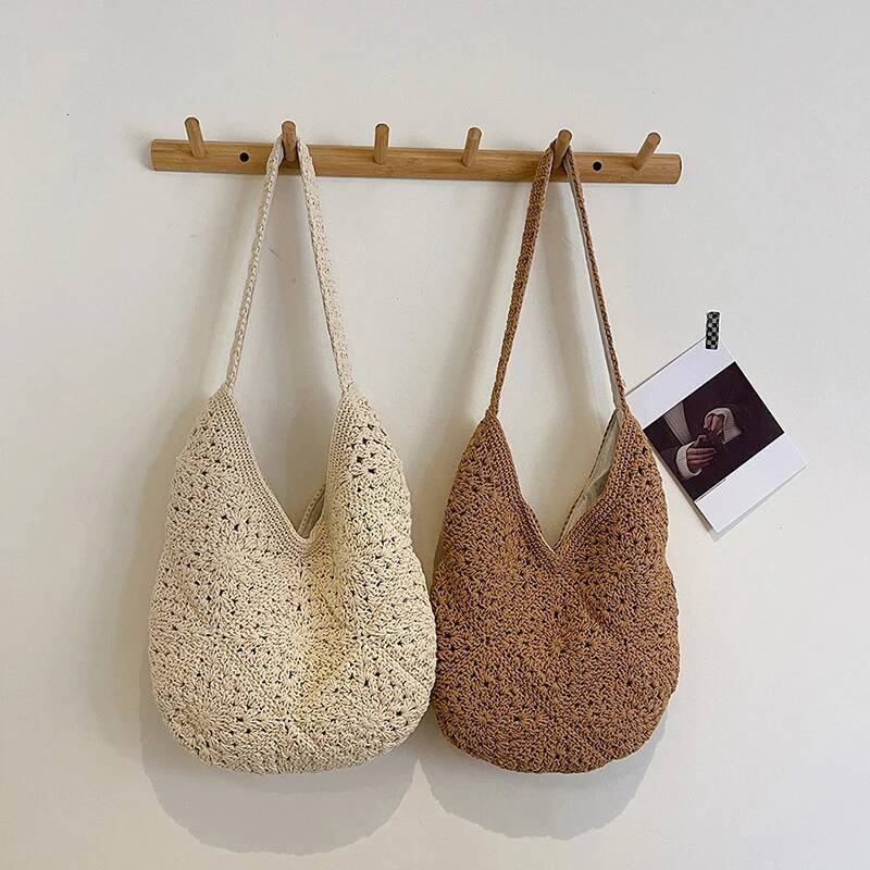 Summer Straw for Women Underarm Shoulder Bags Woven Top Handle Hollow Raffia Crochet Beach Bag Casual Handbags