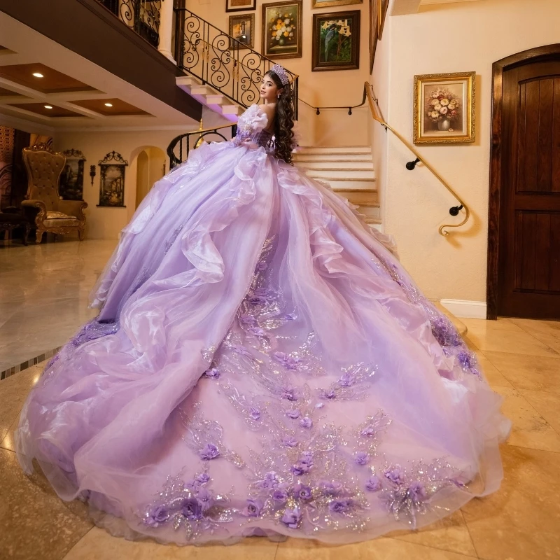 Lavender Quinceanera Dresses Ball Gown Off The Shoulder Applique Flower Beads Tull Corset Party Birthday Sweet 16 Dress Vestidos De 15 Anos