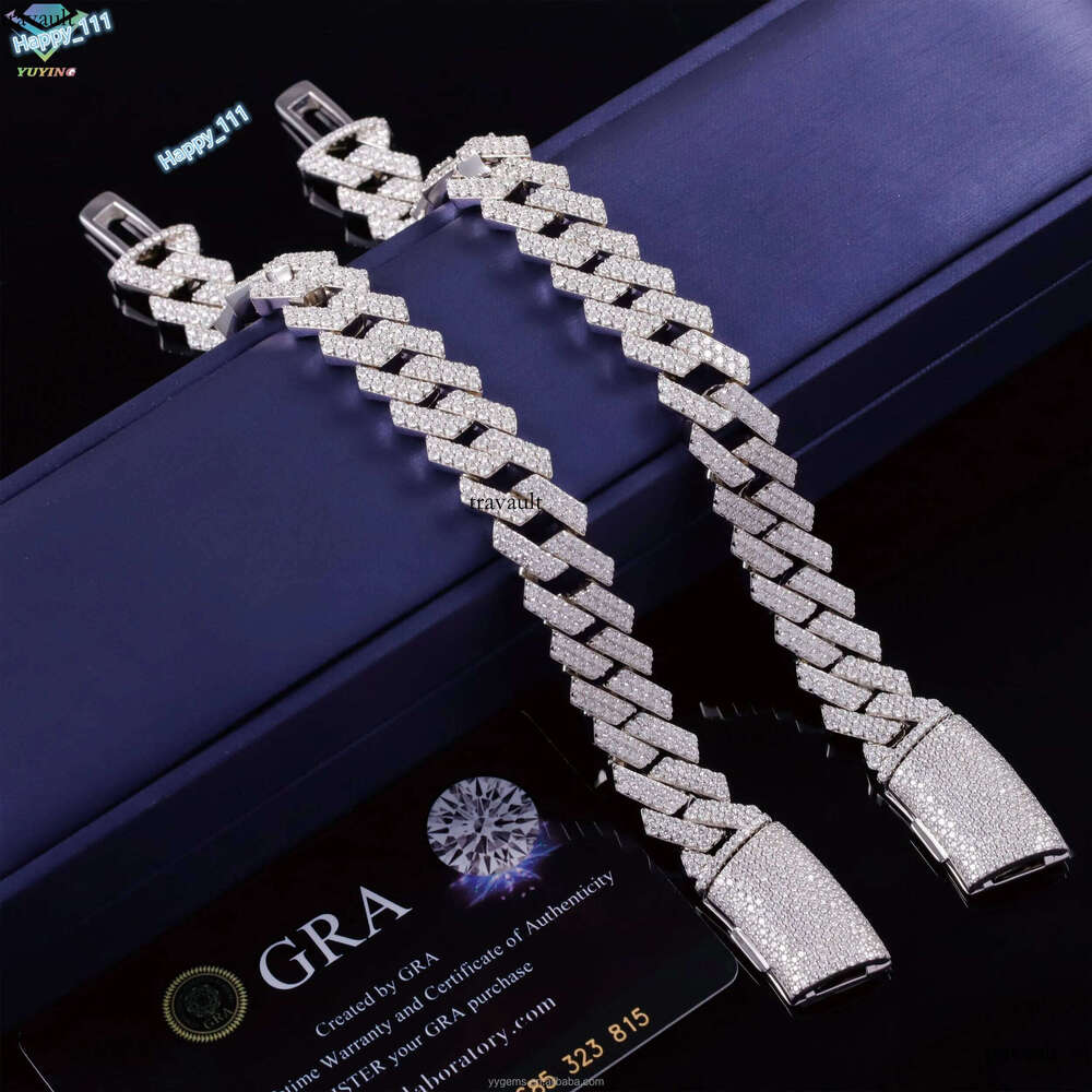 14mm Iced Out Sier 2 Rows White Gold Plated VVS Moissanite Cuban Link Chain Bracelet
