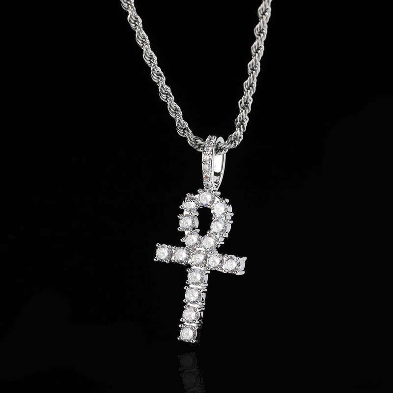 Hip-Hop Jewelry Solid Ankha Moissanite chain Necklace Small Ankh Key Cross Pendant Chain