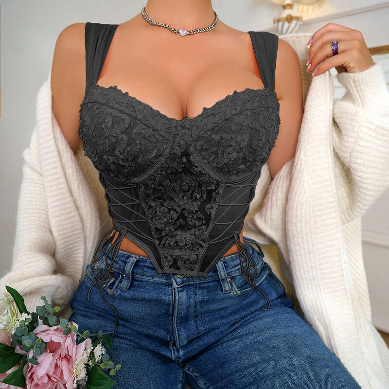 Summer Pink Pure Desire Style Sweet and Spicy for Women V-neck Niche Mesh Underwire Drawstring 3D Embroidery Wide Shoulder Tank Top