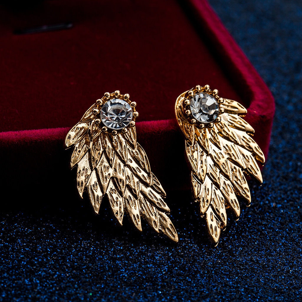 3D Angel Wings Earrings Feather Inlaid Alloy Piercing Studs