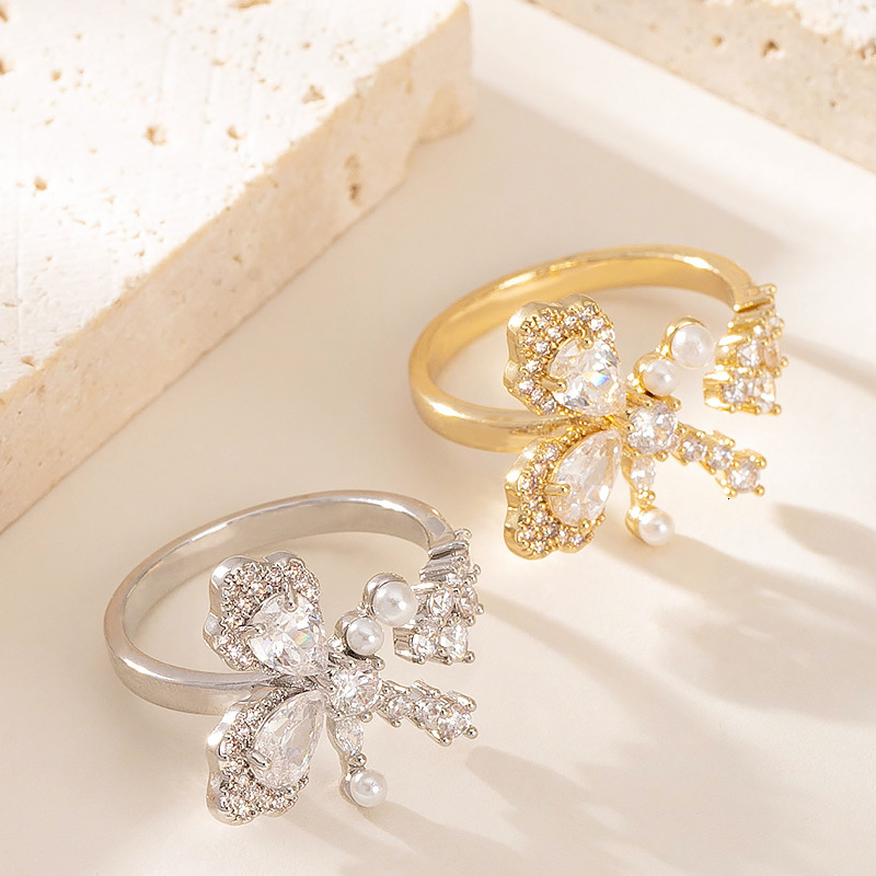 Fashion Simple Diamond-Studded Pearl Butterfly for Women, Non-Fading, Niche Adjustable Open Finger Ring
