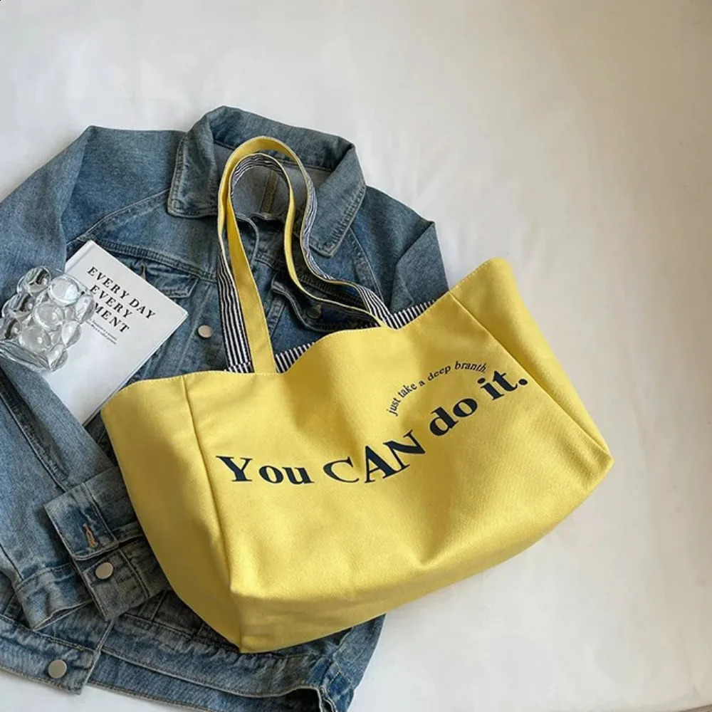 Korean Style Versatile Womens Shoulder Bag Canvas Stripe Tote Bag Two-sided Large Capacity Handbag Womens Accessory 250809