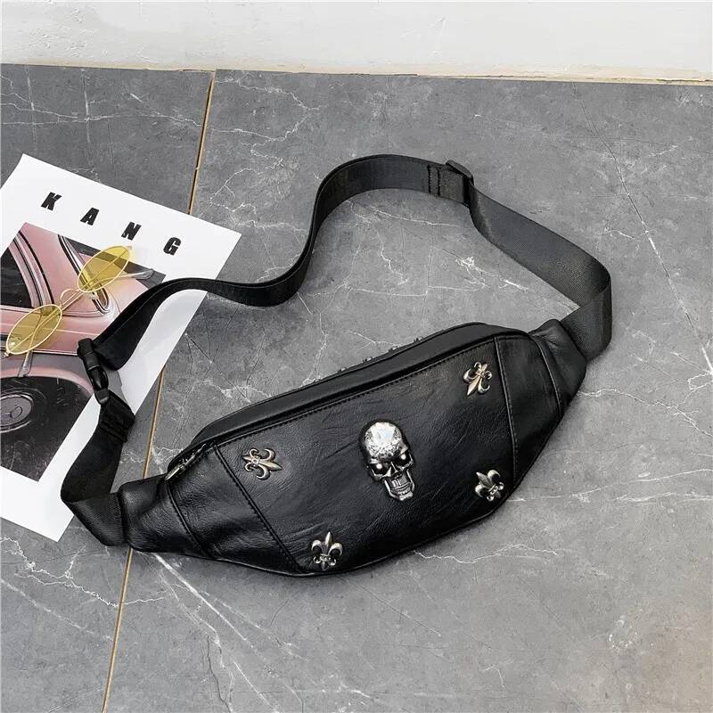 Annmouler 2022 Unisex Waist Packs Punk Style Fanny Pack Black Leather Skull Chests Designer Rivet Phone Pouch Adjustable Bag