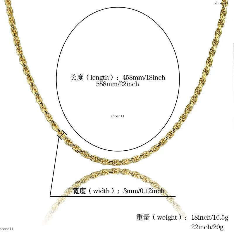 & White Gold Plated Sterling Sier Twist Necklace 3mm 18 22 Rope Chain Hip Hop Rapper Jewelry Gifts For Men and Women