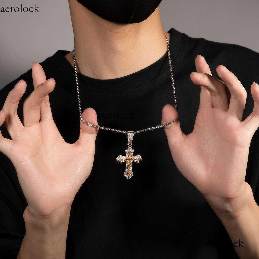 Hip Hop Cross Pendant Large Sterling Silver Inlaid Purple Moissanite chain Light Sweater Necklace