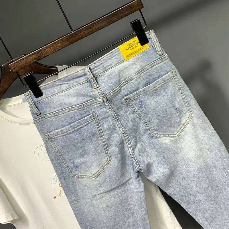 Summer Autumn Korean Designer Clothing Embroidered Slim Pencil Jeans Men Vintage Washed Casual Streetwear Cotton Trousers