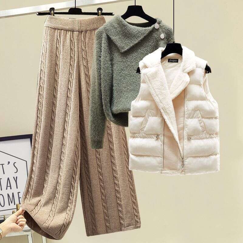 Women's Clothing Autumn And Winter Three Piece Suit Designer Sweater, Thickened Slim Vest Coat, High Waist, Cable Pattern, Wide Leg Casual Pants