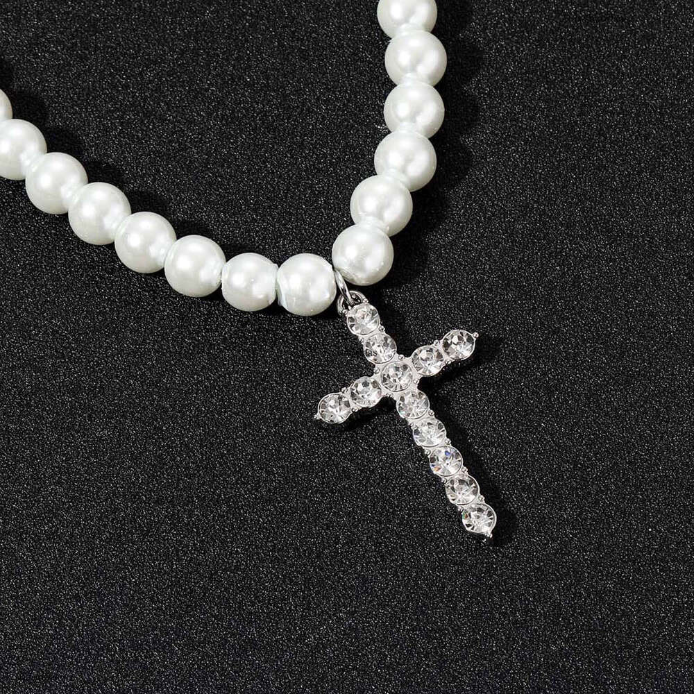 Minimalist INS Cross 8-10mm Pearl Necklace Hip Hop Trend Unisex Choker Collarbone Chain