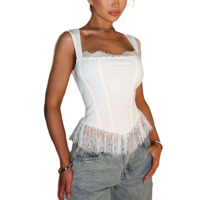 New Hot Girl Wide Strap Lace Patchwork Faux Fishbone Women's Short Vest