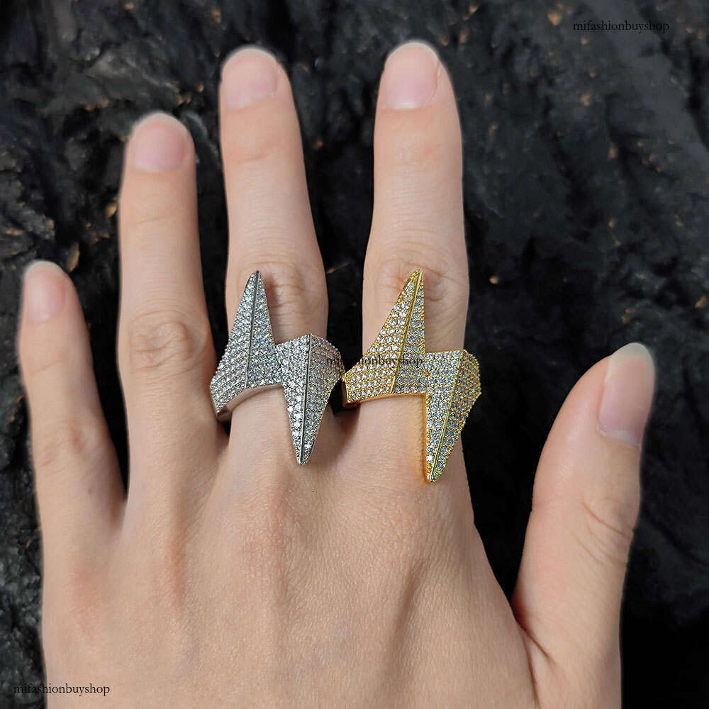 Rhombus Lightning Trendy Brand Personality Hip-Hop Sterling Silver Inlaid Full Zircon Men's Ring Jewelry