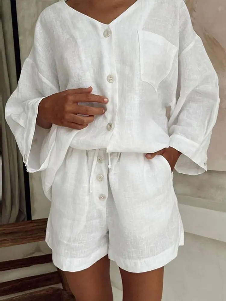 Women Loose Shorts Suit VNeck Long Sleeve Button Solid Casual Lady Sets Summer Fashion 2 Pieces Set Vacation 250809