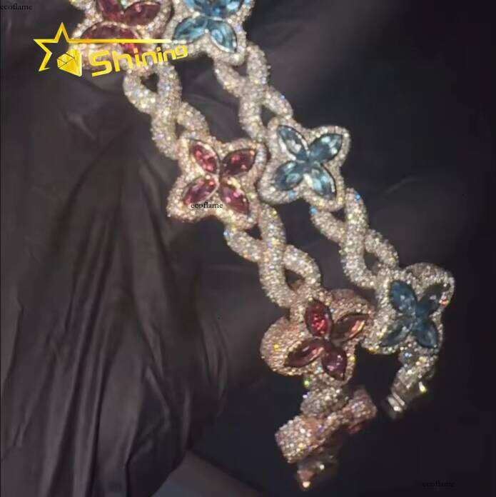 Hot Sale Popular Shining Hip Hop Sier Pink Blue Marquise Infinity Cuban Link Moissanite Bracelet