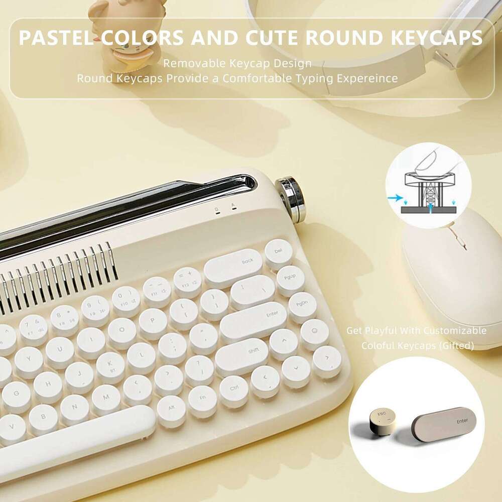 B Ivory Butter Upgraded Wireless USB C Bluetooth Retro Typewriter Keyboard With Integrated Stand Cute Round Keycaps
