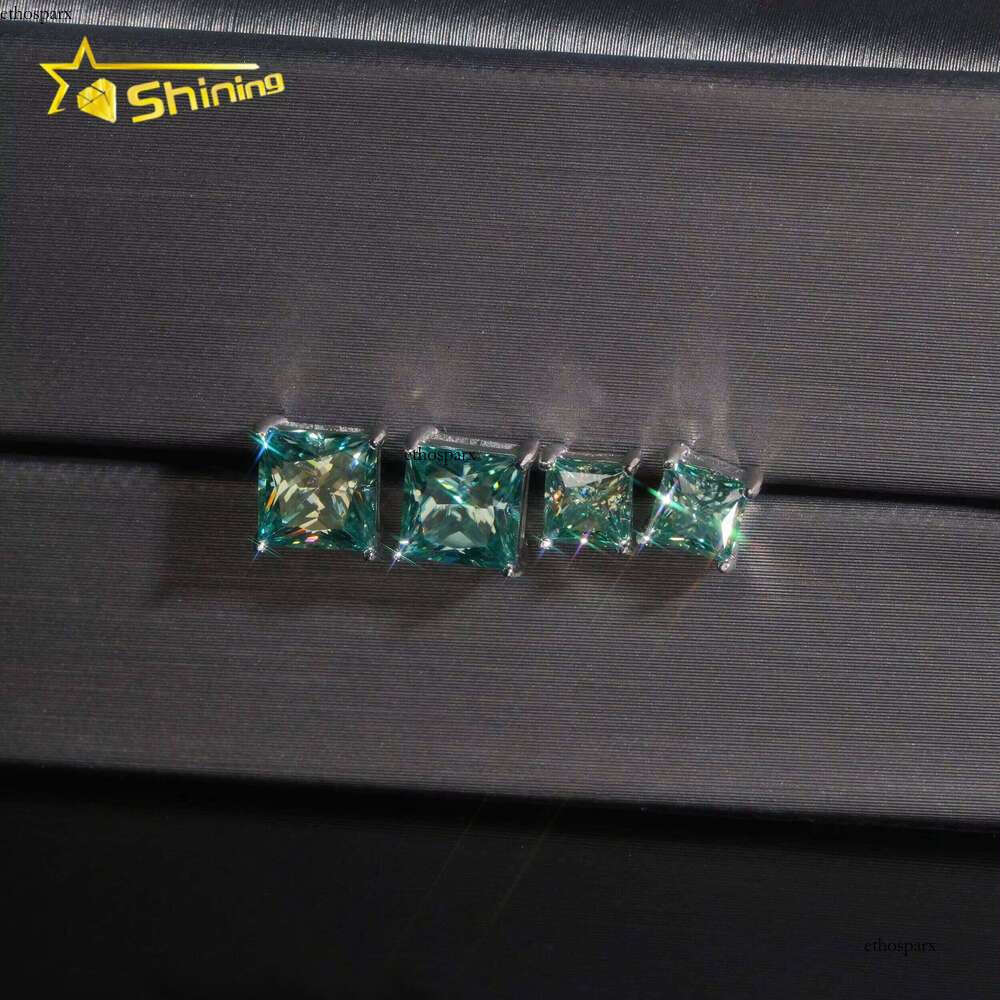 Classic Dia Earring Blue Green Princess Cut Mens Sterling Sier Square Moissanite Stud Earrings
