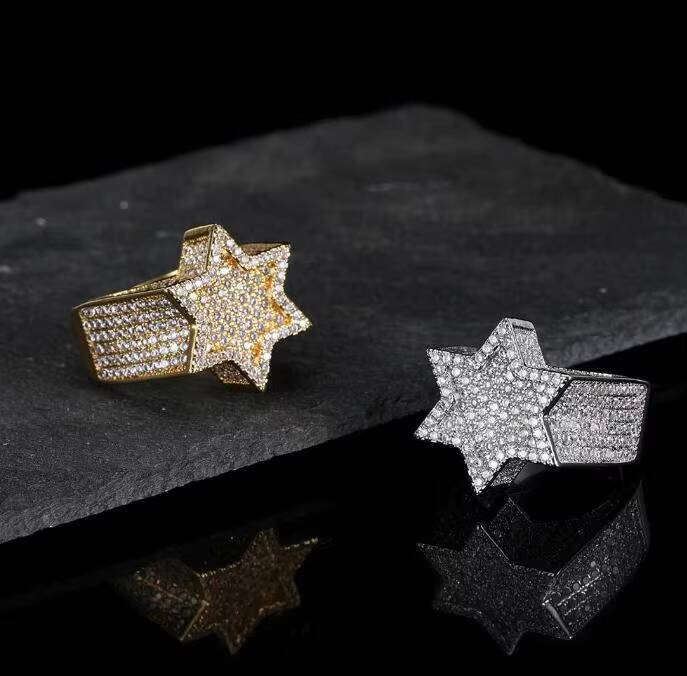 Hip Hop Jewelry 925 Silver Micro Pave Moissanite Diamond 18k Gold Rings Hip-Hop Accessories Five-Pointed Star Shaped Rings