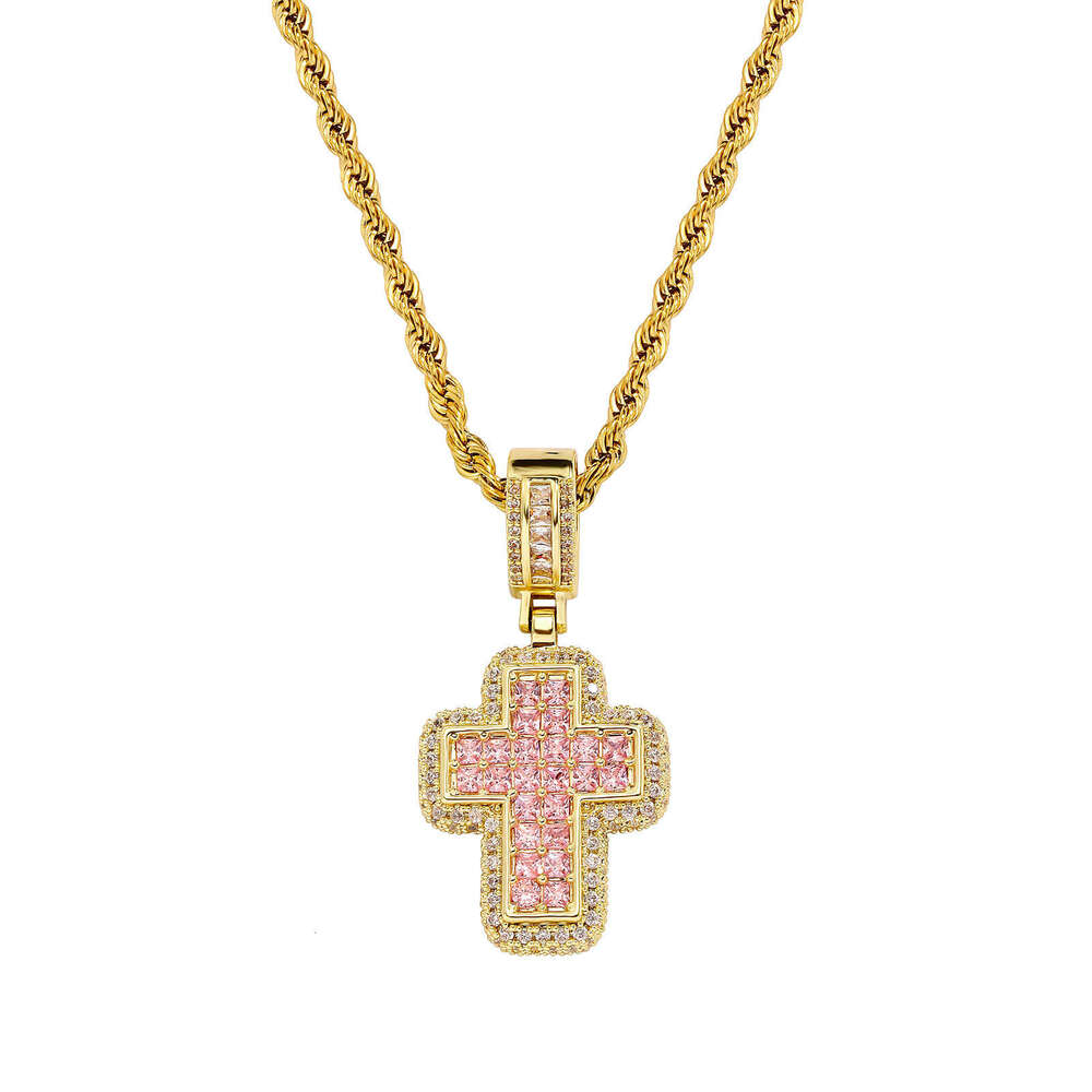 Hip Hop Fashion T Square Moissanite chain Pink Cross Necklace Personality Street Trend Jewelry