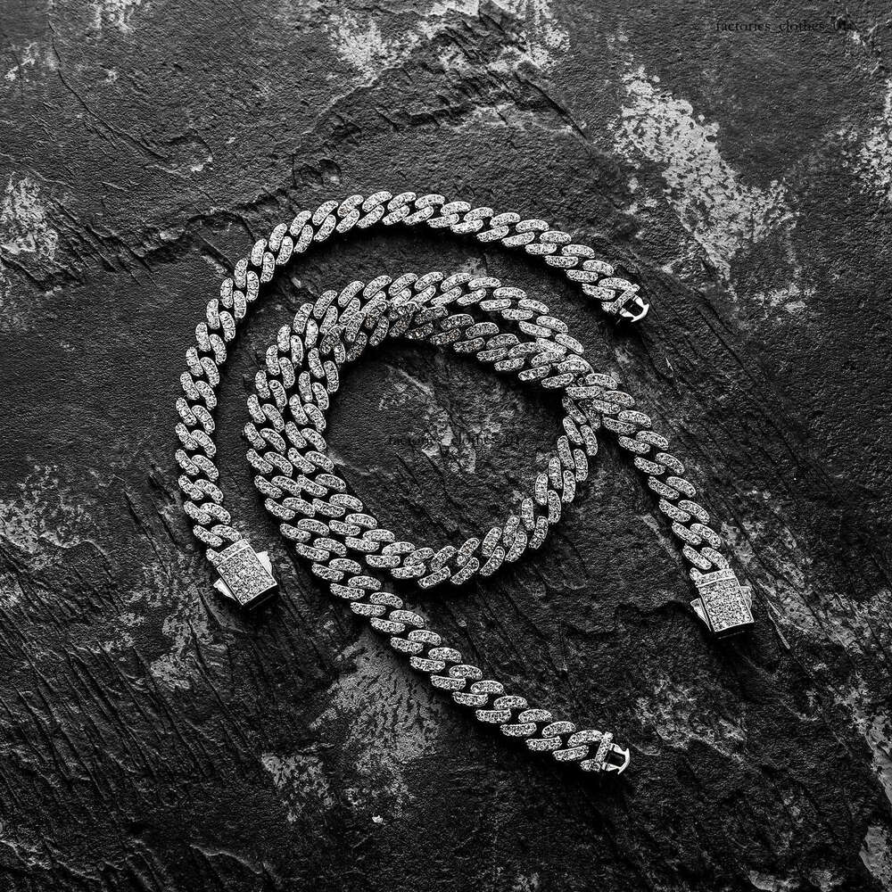 New Color-Retaining Plated Rhinestone 8MM Cuban Chain Hip-Hop Necklace Bracelet Unisex Trendy Rap Accessories