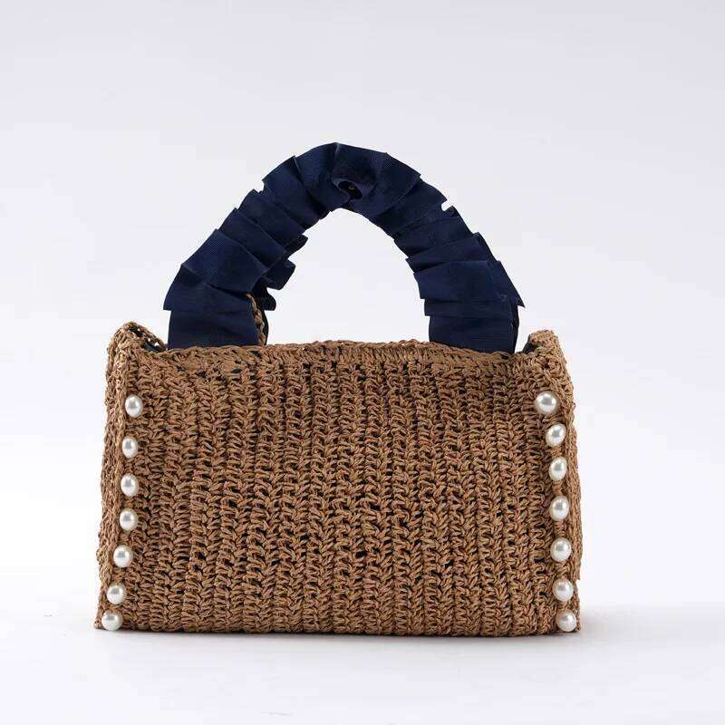 Pearls Straw Bags for Women Bohemian Ruched Handle Handbags Summer Woven Tote Handmade Travel Beach Bag Small Shopper 2024