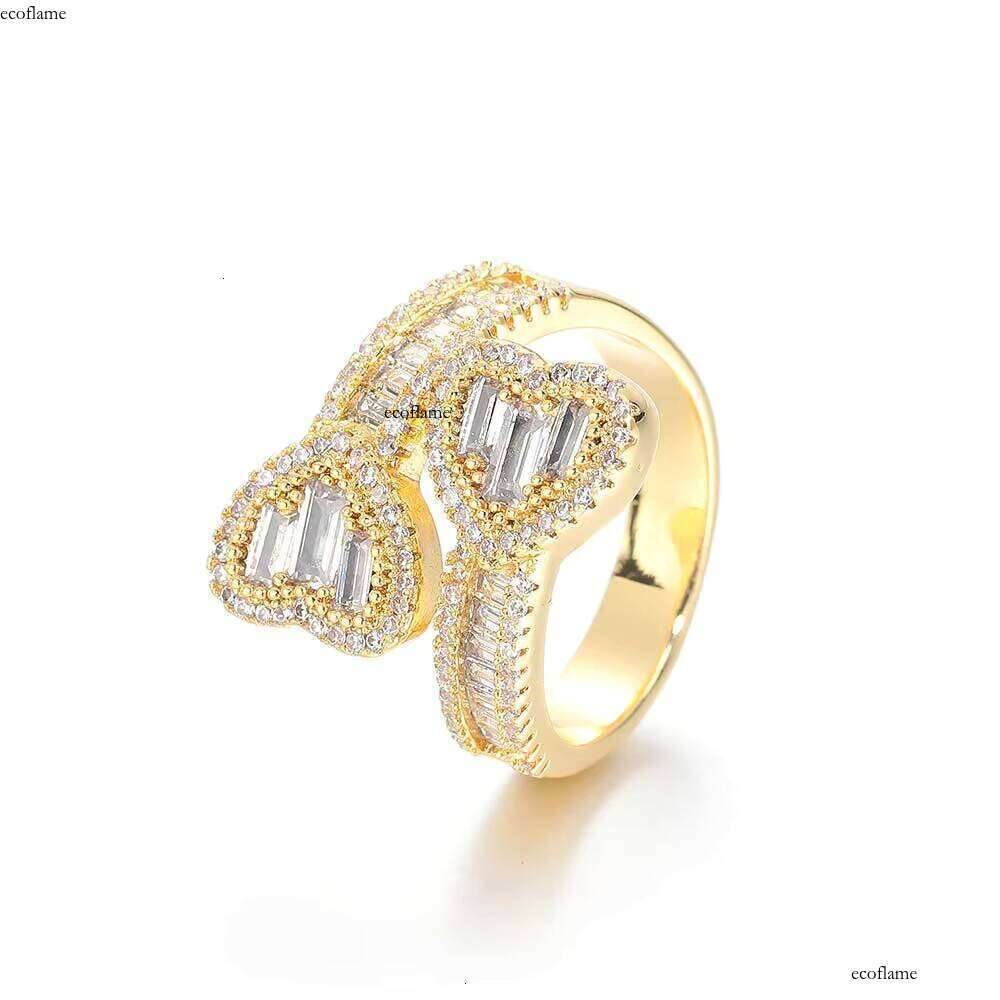 Nuoya High Quality Iced Out Baguette CZ Shape Dia Double Heart Open Finger Ring
