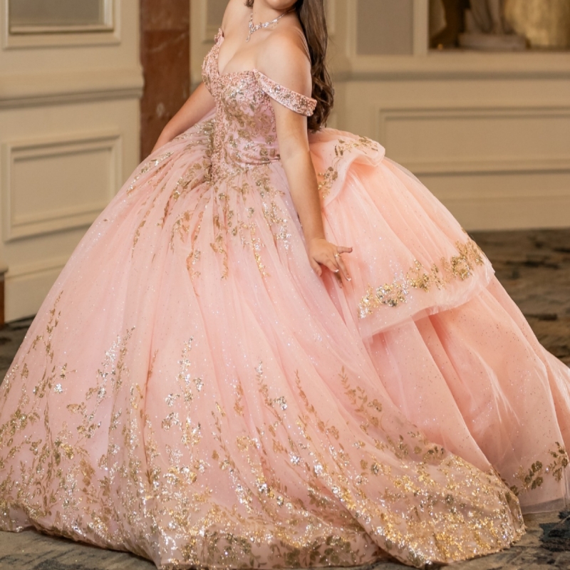 Pink Shiny Quinceanera Dresses Off The Shoulder Gold Applique Lace Beading Tull Party Birthday Ball Gown Vestidos De 15 Anos Sweet 16 Dress