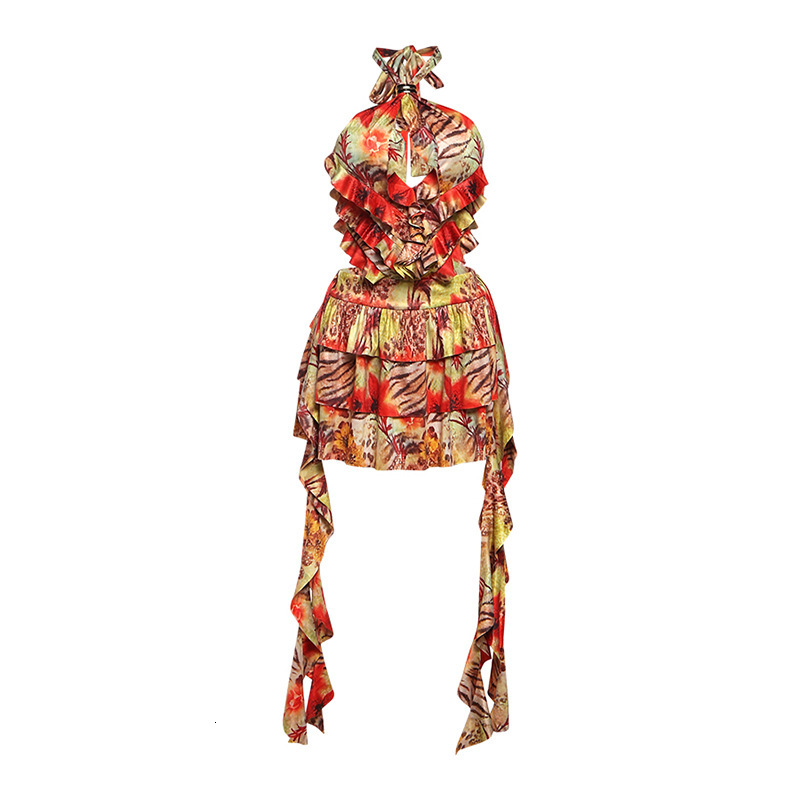 2025 Summer New Womens Fashion Hot Girl Sexy Halter Neck Tie Backless Short Dress Printed Dress